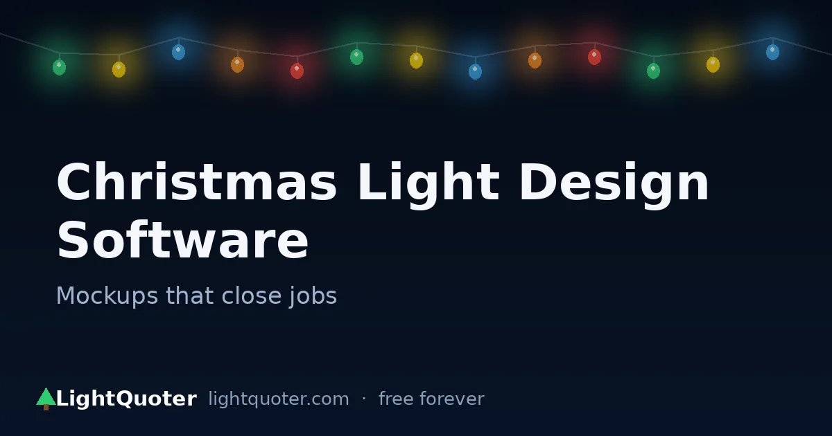 Christmas light design software — visual mockup of a house with lights, wreaths, and garland built in LightQuoter
