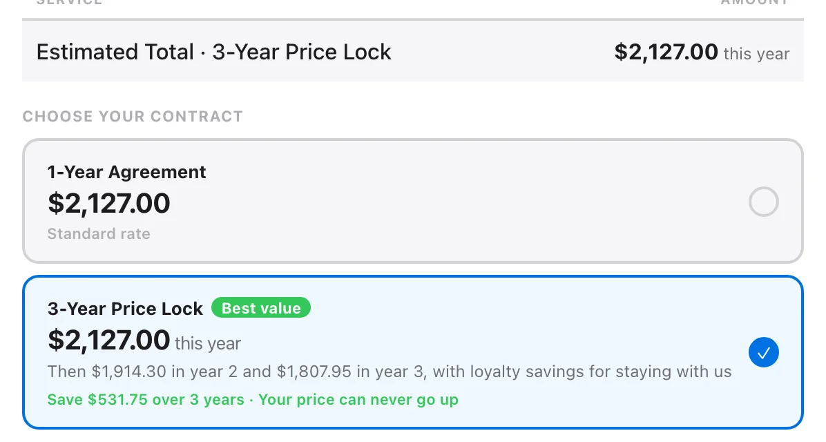 The customer quote page with a 1-Year Agreement card and the selected 3-Year Price Lock card marked Best value