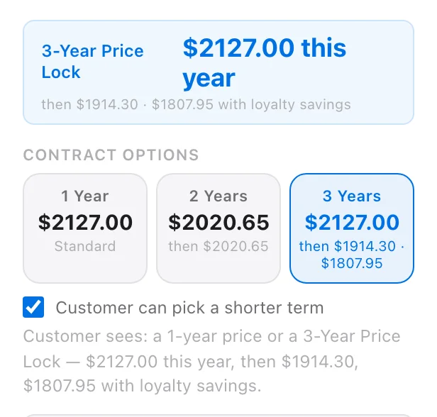 The 3-Year Price Lock strip under the total, the Contract Options cards with 3 Years selected, and the Customer sees line