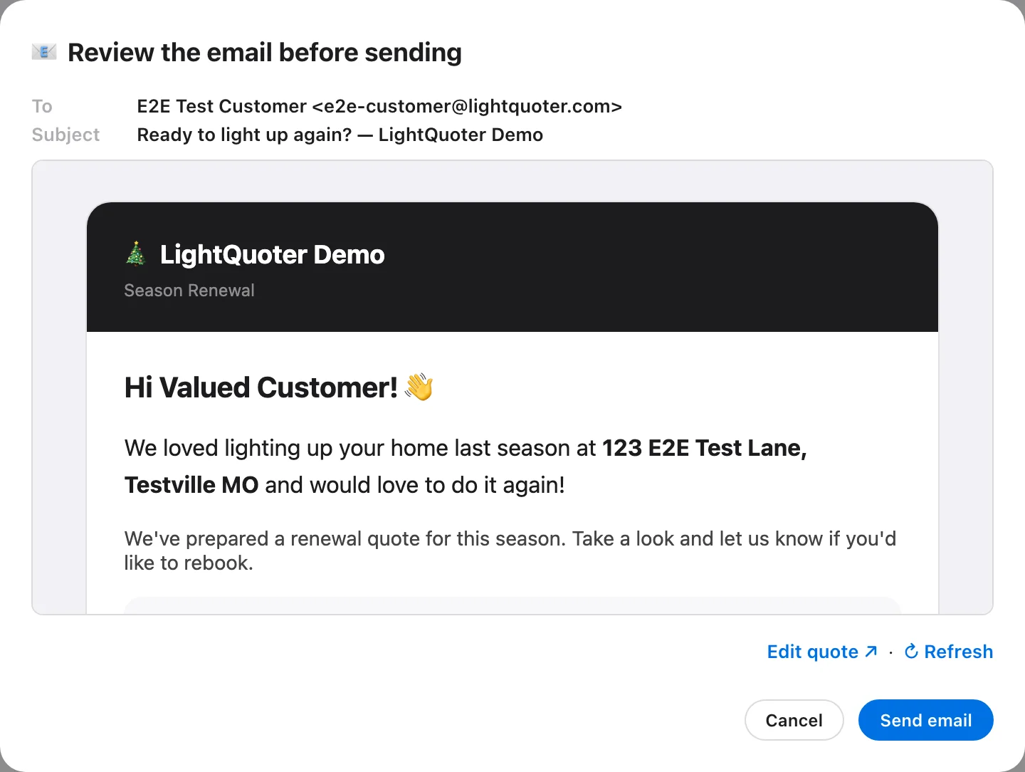 The Review the email before sending window with To, Subject, the renewal email, Edit quote, Refresh, Cancel and Send email