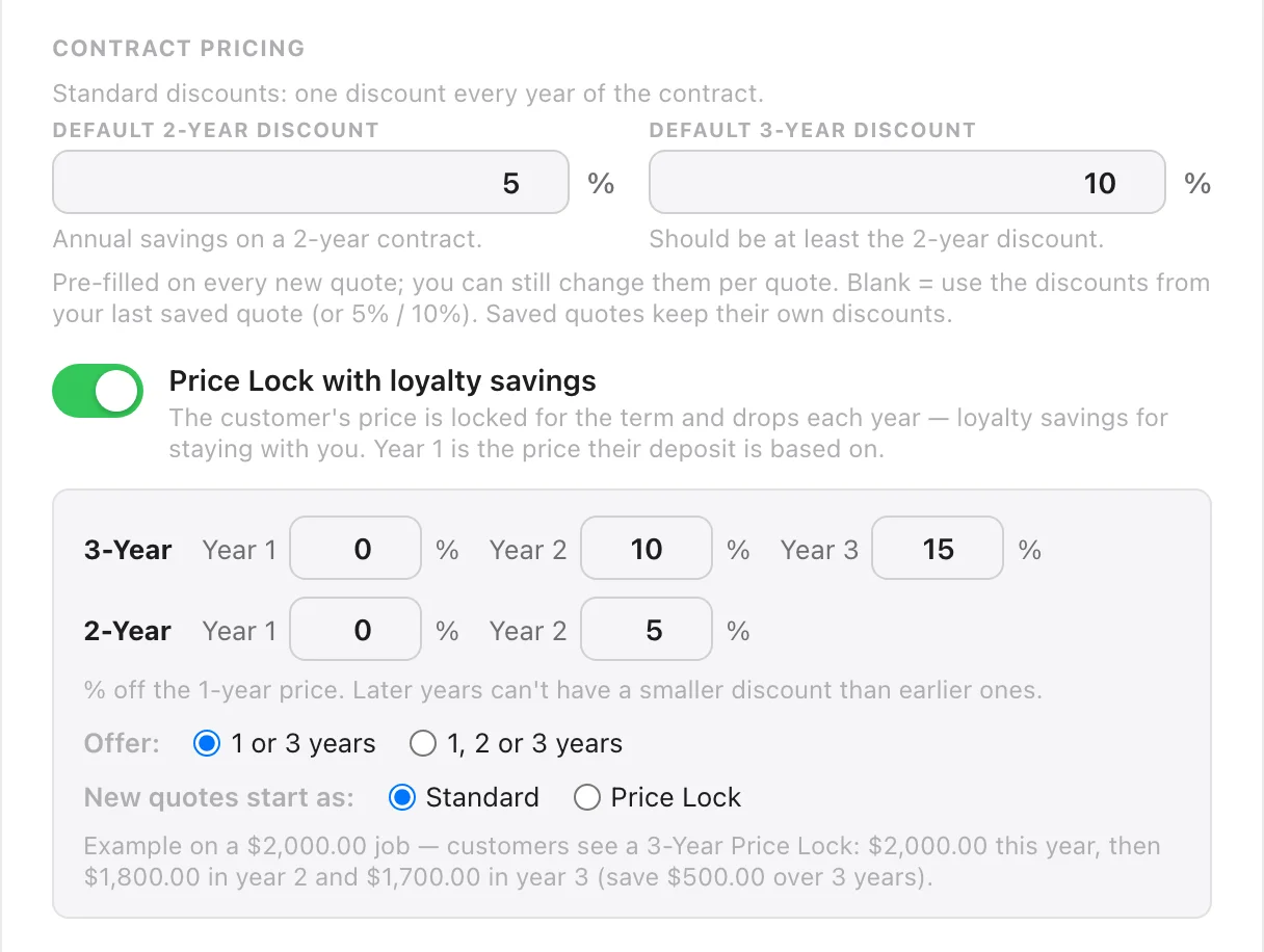 The Contract Pricing section in Settings with Price Lock with loyalty savings switched on, the year-by-year boxes, Offer, New quotes start as, and the example line