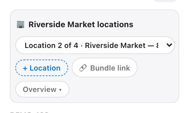 The bundle bar with the bundle name, a location menu, + Location, Bundle link and Overview