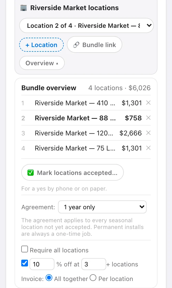 The Bundle overview listing four locations, with Mark locations accepted, Agreement, Require all locations, the discount rule and Invoice settings