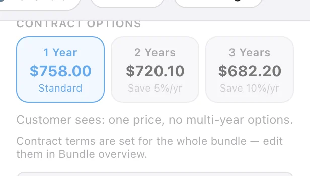 Greyed-out contract options with the note Contract terms are set for the whole bundle — edit them in Bundle overview