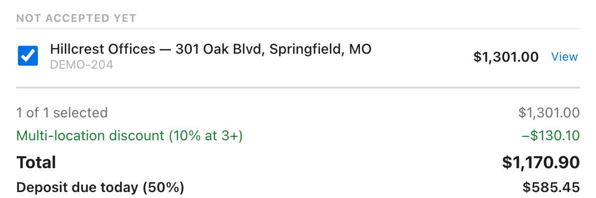 The Not accepted yet section with one location checked and its own total and deposit