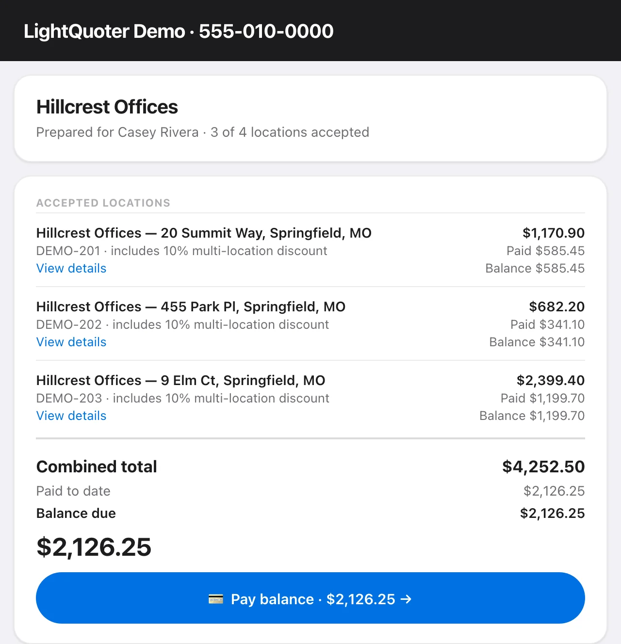 The combined invoice: each accepted location with its price, paid and balance, the combined total, paid to date, balance due and a Pay balance button