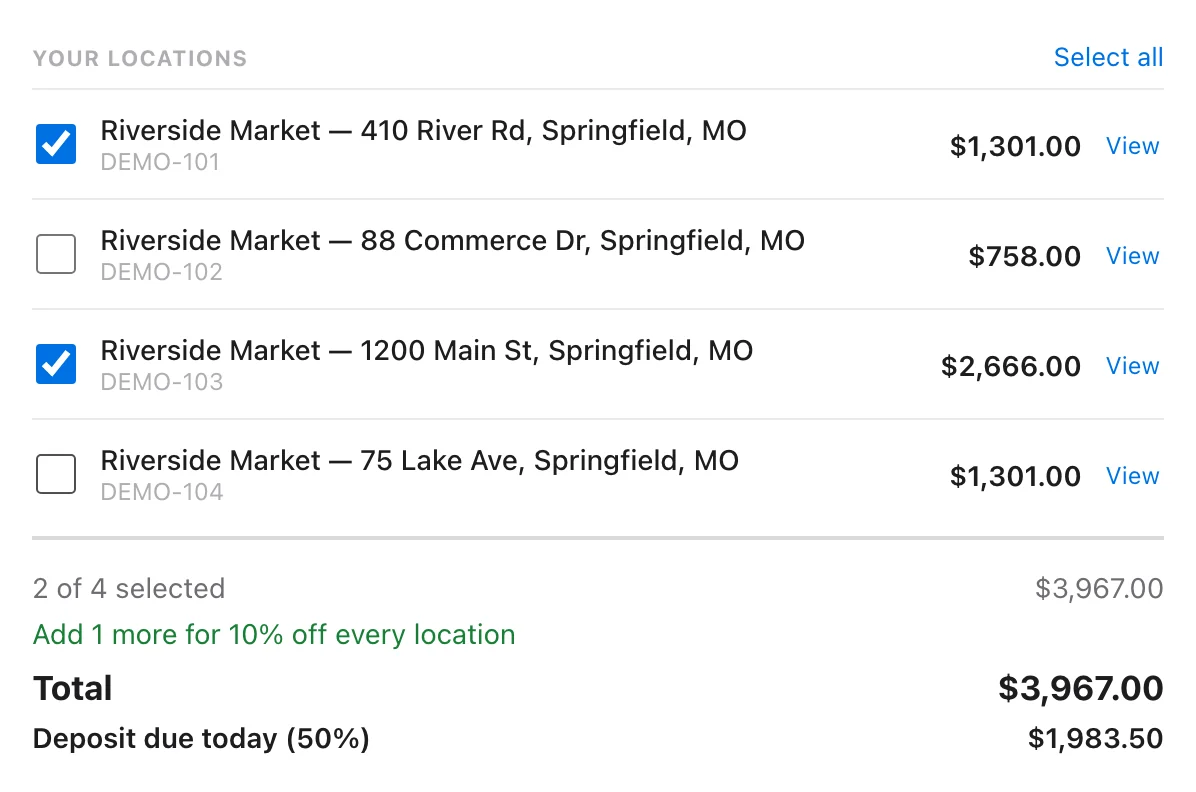 Two of four locations checked, with the note Add 1 more for 10% off every location