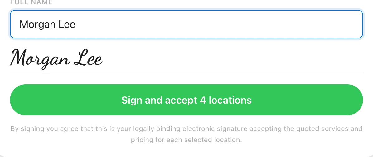 The signature area with the typed name and a Sign and accept 4 locations button