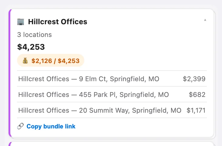 A stacked Jobs board card for Hillcrest Offices with 3 locations, the combined price and paid amount, expanded to show each location