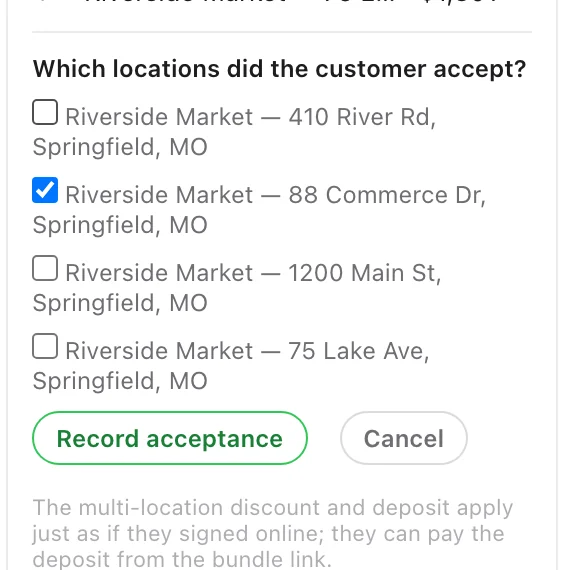 The Which locations did the customer accept? form with checkboxes and a Record acceptance button