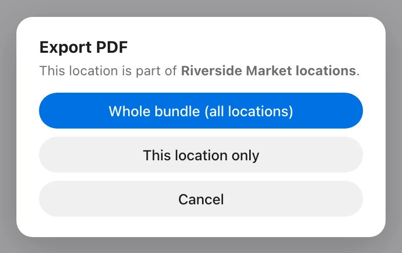 The Export PDF choice: Whole bundle (all locations) or This location only