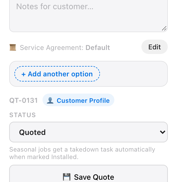 The + Add another option button above the quote number