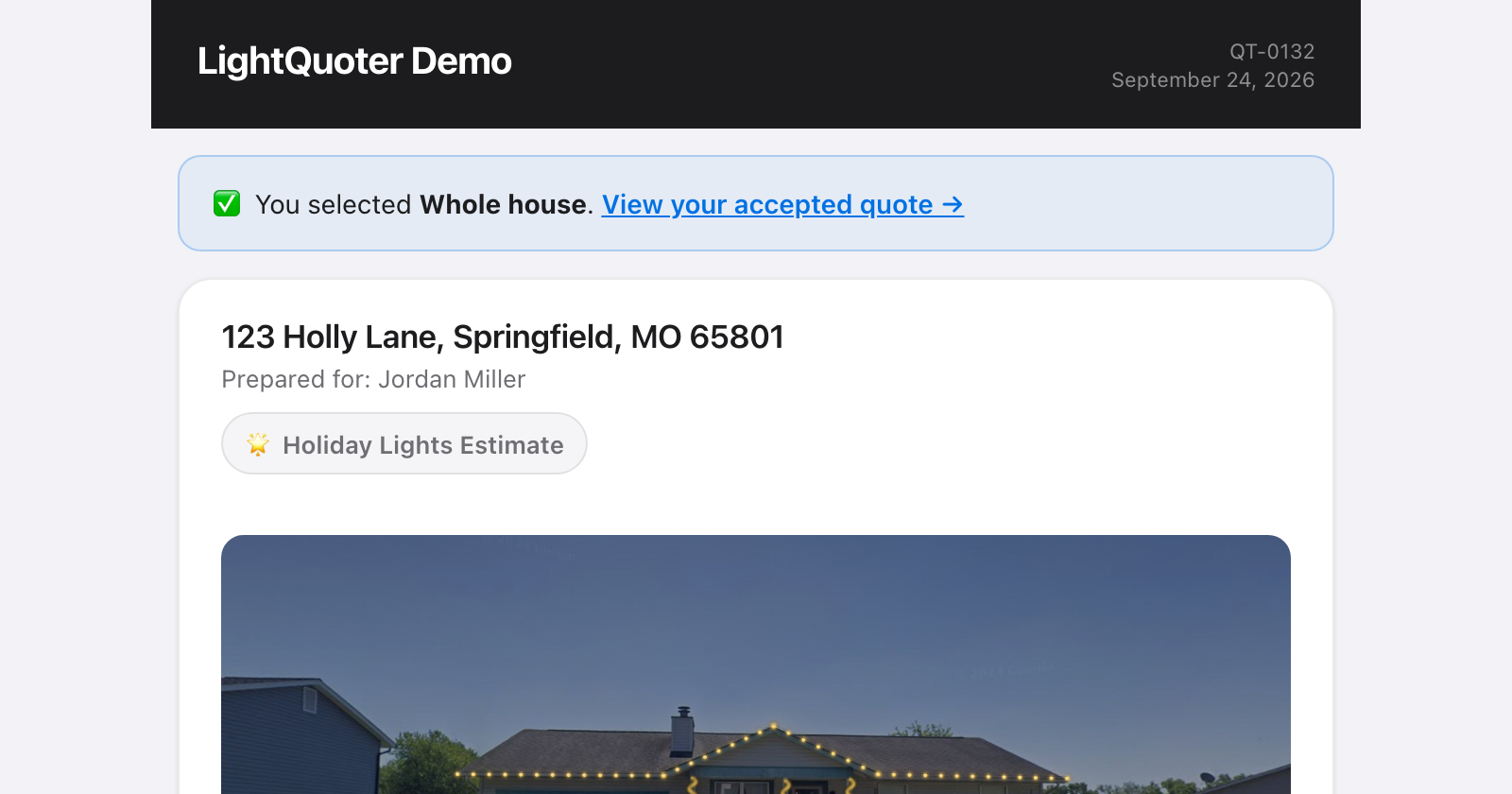A banner reading “You selected Whole house” with a link to the accepted quote