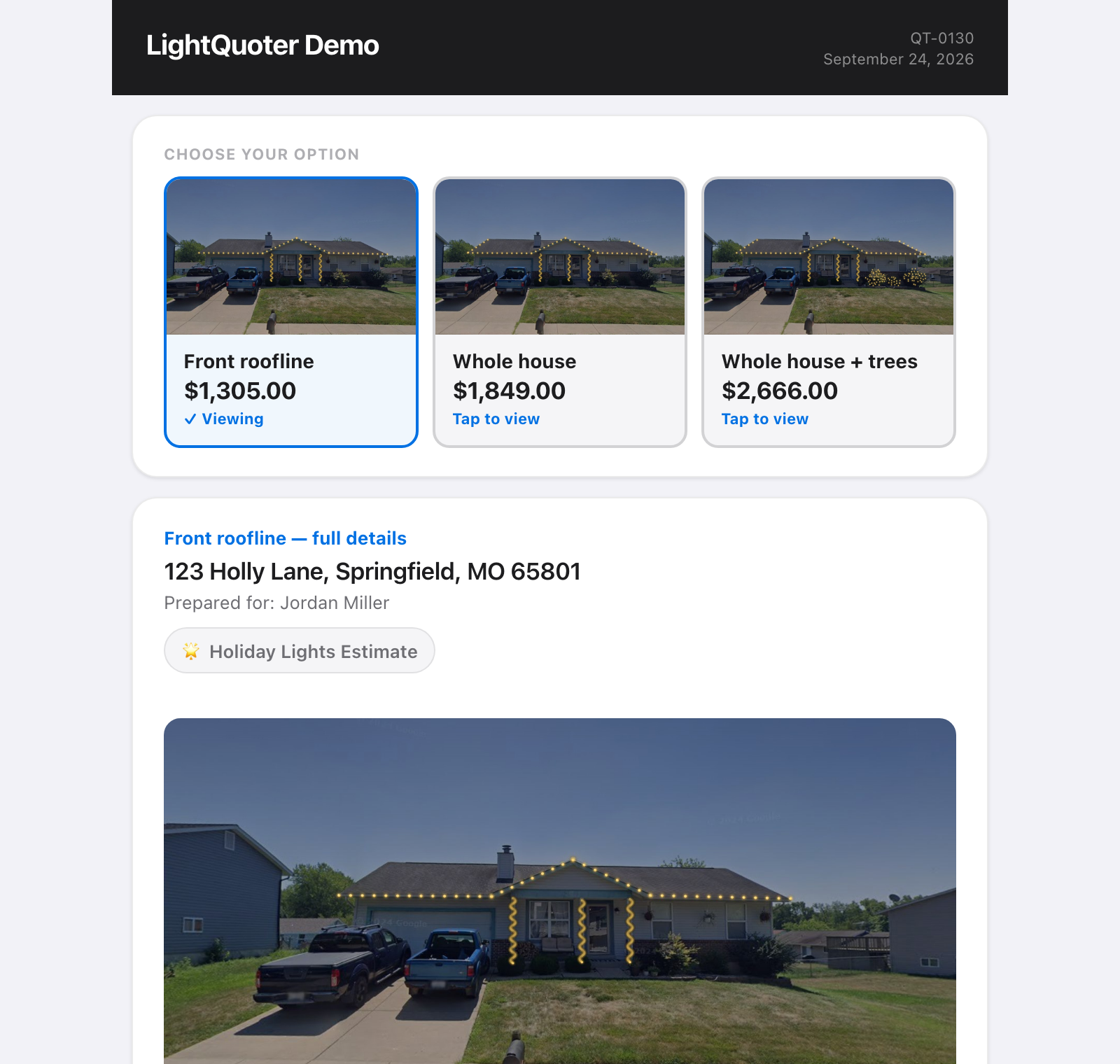 Three option cards with mockup photos and prices, above the full quote details
