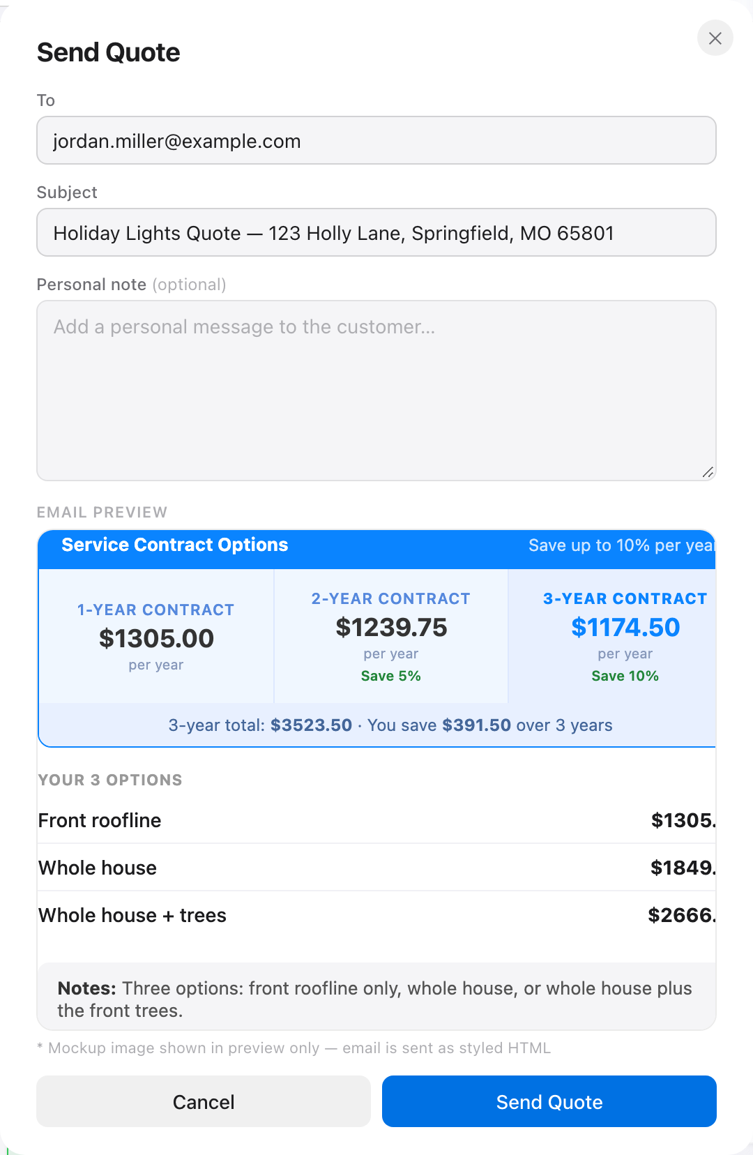 The quote email listing three options and their prices