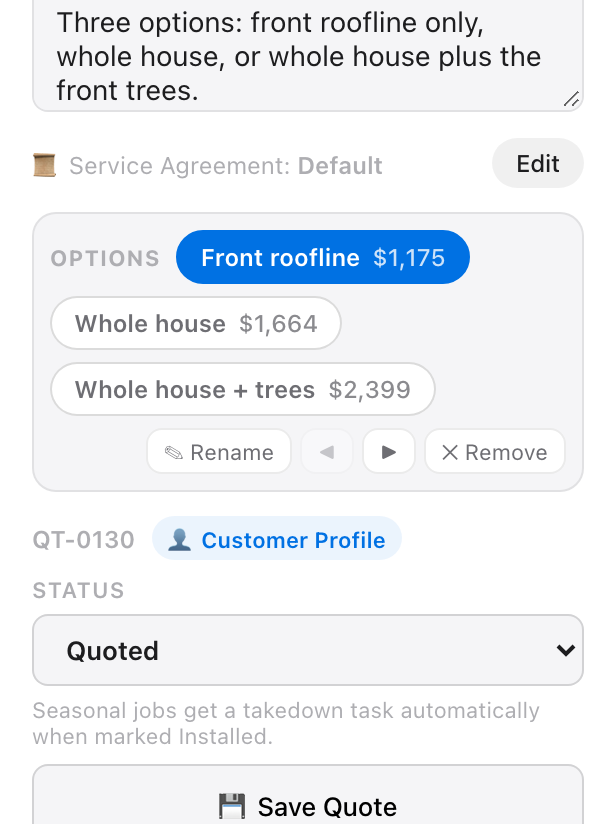 The Options bar with three options, plus Rename, move, and Remove buttons